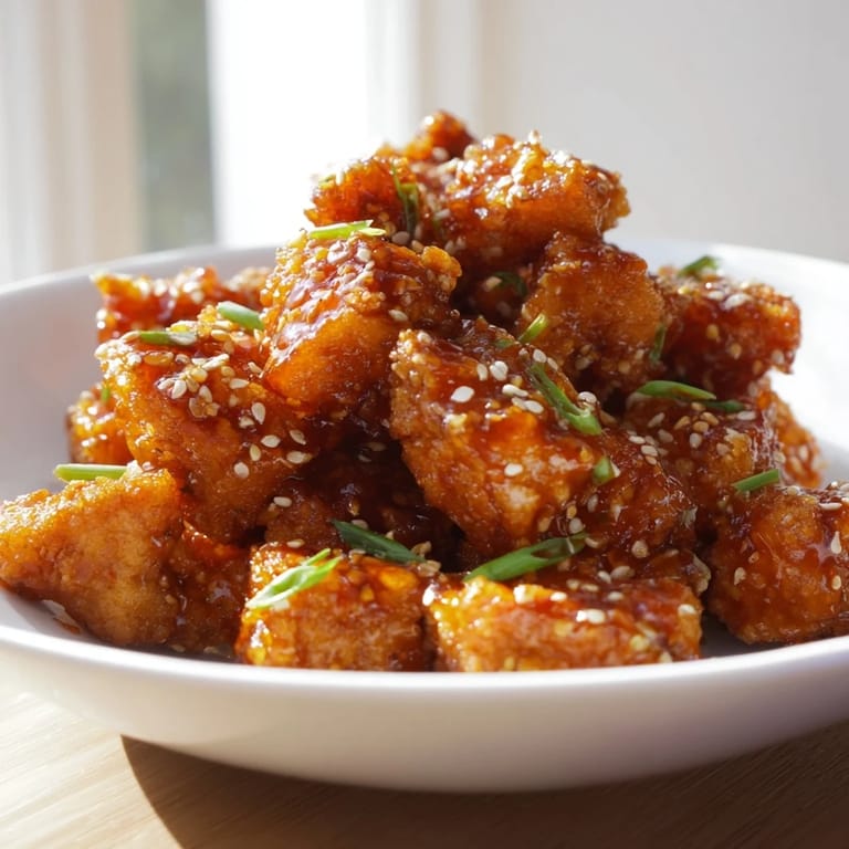 Close-up of freshly glazed Honey-Sriracha Chicken Bites, showing a perfect blend of texture and flavor.