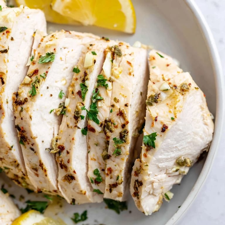 Close-up of baked Greek yogurt chicken, showcasing the creamy marinade and herb-infused crust.