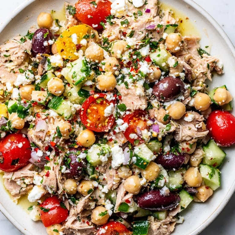 Close-up of a Tuna Chickpea Salad, showcasing marinated veggies and flaky tuna for lunch.