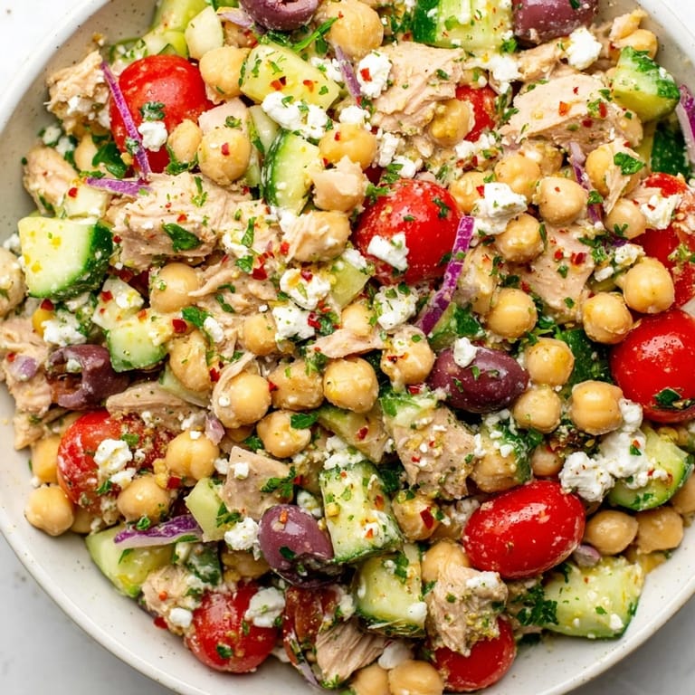 Vibrant tuna chickpea salad, a simple meal prep recipe with zesty lemon dressing.