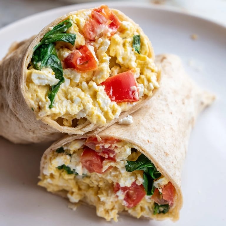 Delicious feta egg wrap filled with creamy feta cheese, spinach, and tomatoes, ready.