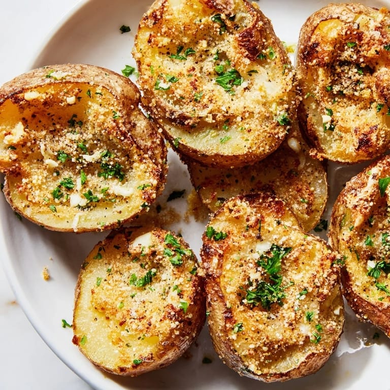 Ultra-crispy Garlic Parmesan Potatoes, golden brown and seasoned, ready to be enjoyed with a delicious meal.