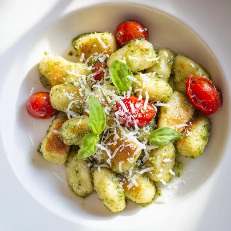 A delicious bowl of Crispy Gnocchi with Pesto, the perfect easy vegetarian Italian meal ready quickly.