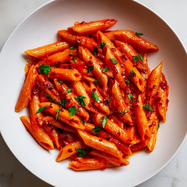 Freshly tossed Penne all'Arrabbiata, ready to serve: a simple, flavorful vegan pasta dinner option.