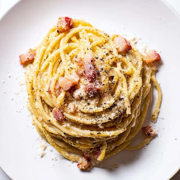 A close-up shot of rich, glossy Express Spaghetti Carbonara, garnished with extra Parmesan and pepper.