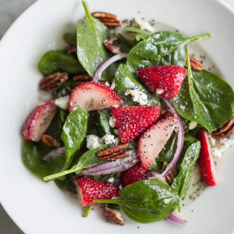 Bright and colorful Spinach Strawberry Salad, tossed in sweet poppy seed dressing, perfect for a summer lunch.