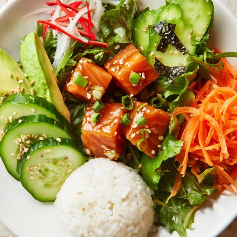 Close-up image of a refreshing Poke Bowl Salad, ready to eat with vibrant toppings.
