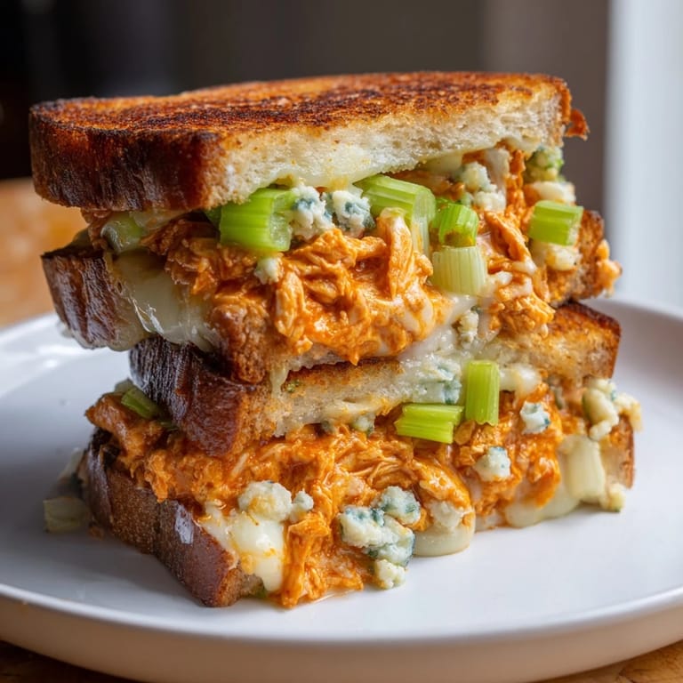 Crispy golden-brown sourdough holds creamy, spicy buffalo chicken grilled cheese, ready to eat.