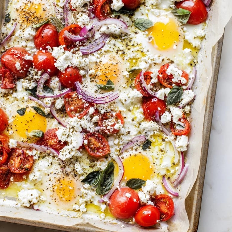 Golden yolks peek from this Tomato Feta Baked Eggs dish, a simple and satisfying breakfast option.