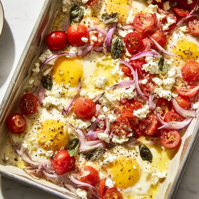 A delicious sheet pan of Tomato Feta Baked Eggs, served with fresh basil for a bright flavor.