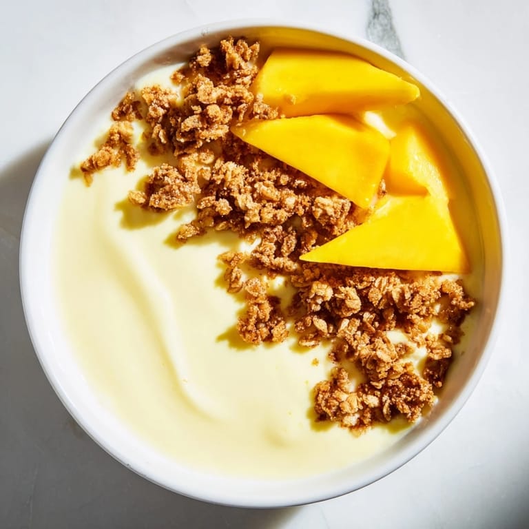 Close-up of a jar filled with refreshing Mango Blended Overnight Oats, topped with crunchy granola and fresh mango slices.