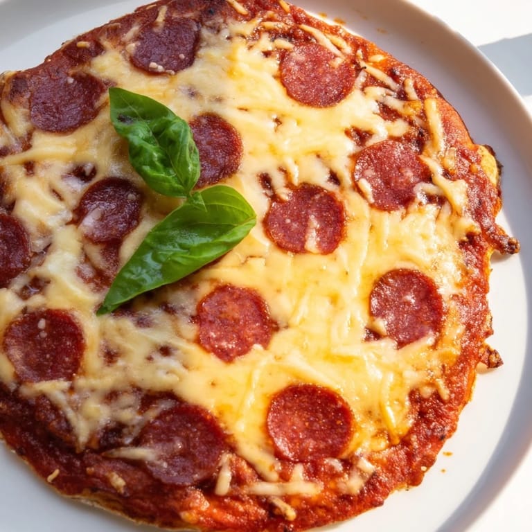 Up-close photo: a delicious ground beef pizza base with perfectly melted cheese and pepperoni slices waiting for you.