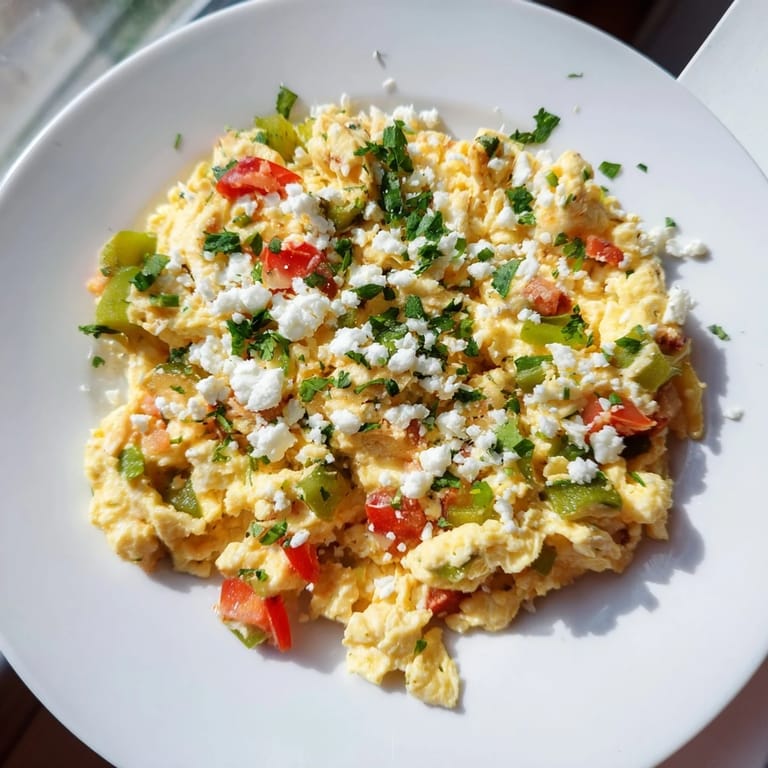 Warm, flavorful menemen scramble, a visually appealing skillet of cooked eggs with onions, peppers, and tomatoes.