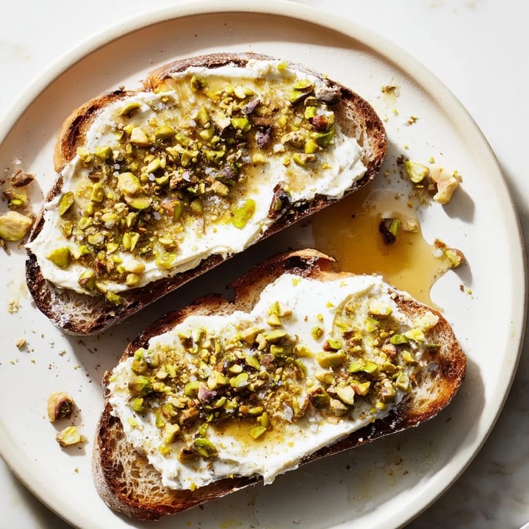 Close-up of a Pistachio Butter Toast slice, showcasing creamy pistachio butter, flaky salt, and chopped pistachios.