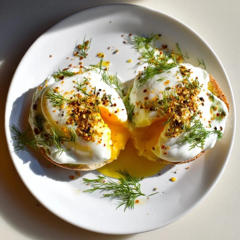 Golden spiced butter glistens on top of these flavorful Çılbır Eggs Benedict, a delightful brunch dish.