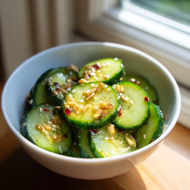 A vibrant bowl of Shake Shake Garlic Cucumbers topped with chili flakes and sesame seeds, ready to serve as a refreshing appetizer.