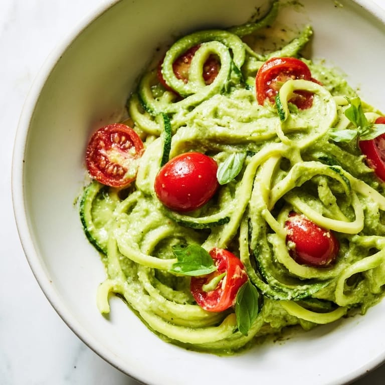 Bright green zoodles tossed in a rich avocado pesto, garnished with fresh basil and halved cherry tomatoes for a quick, healthy Italian-inspired meal.