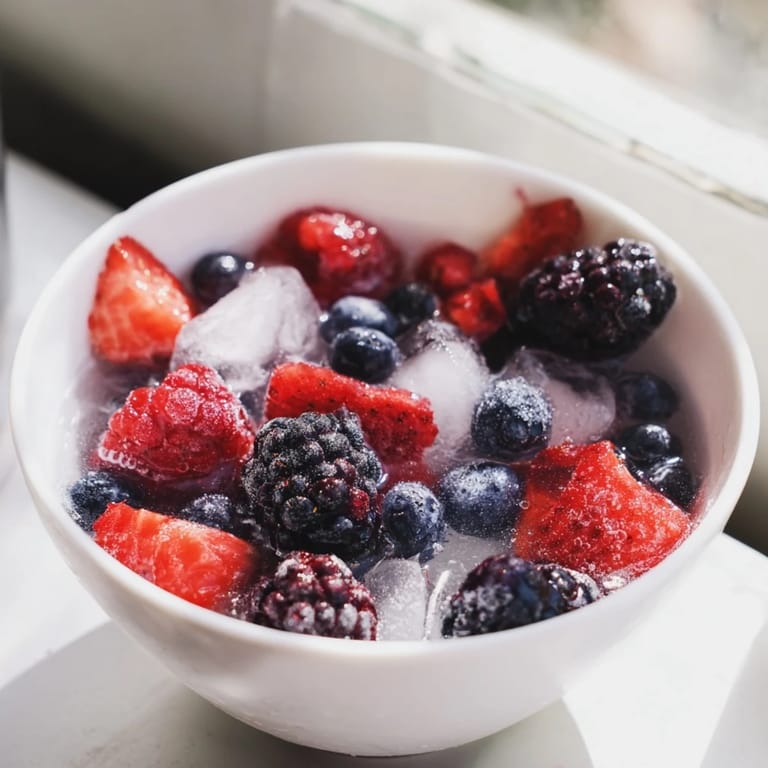 Cold, refreshing Nature’s Cereal Bowl brimming with mixed berries and coconut water over ice for a healthy breakfast.