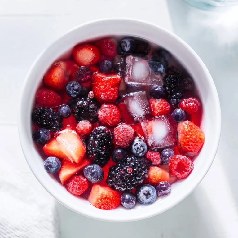 This colorful Nature’s Cereal Bowl features strawberries, blueberries, raspberries, and blackberries in chilled coconut water with ice cubes.