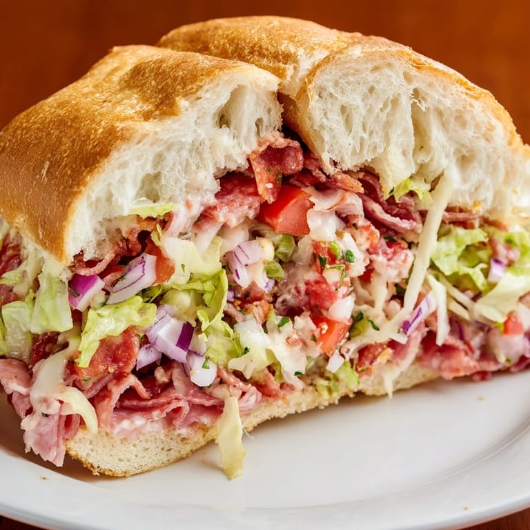 A close-up of a hearty Italian grinder sandwich filled with crisp lettuce, diced tomato, and a colorful mix of Italian deli meats.  
