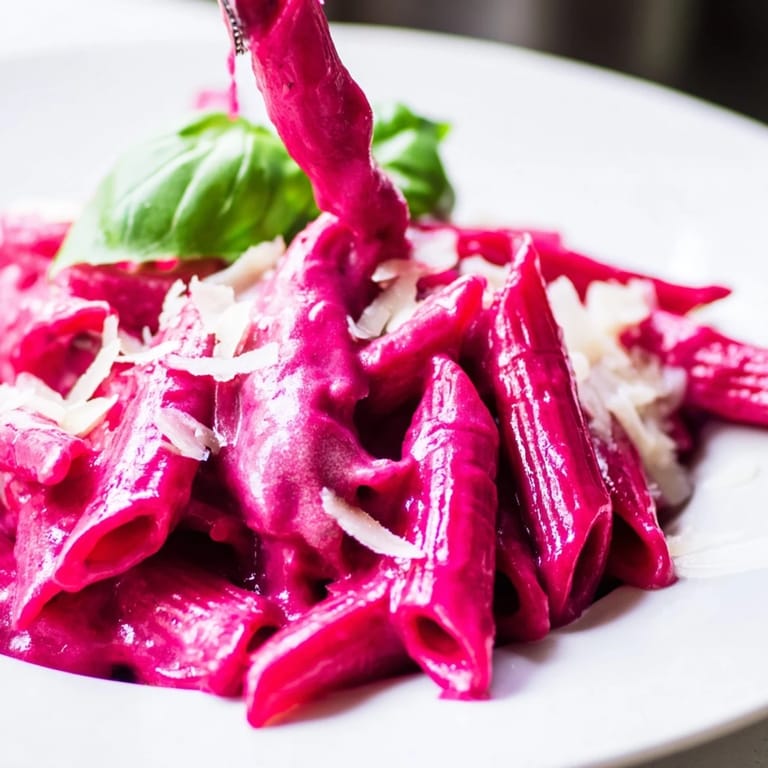 Close-up view of Pink Pasta with Beet Cream, featuring a creamy beetroot sauce clinging to each rigatoni noodle in the skillet.