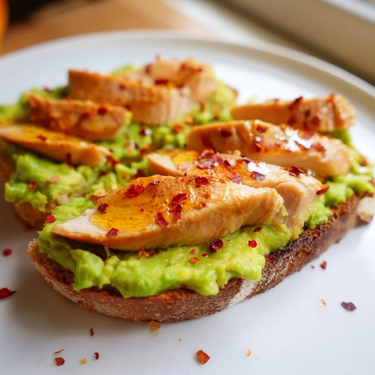 Savory grilled chicken slices layered over mashed avocado on toasted sourdough, garnished with red chili flakes and a honey drizzle for a sweet kick.
