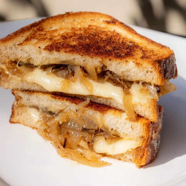 This vegetarian Caramelized Onion Grilled Cheese features deeply caramelized onions layered with sharp white cheddar inside buttery, golden-grilled sourdough, creating a rich, savory, and comforting main dish.