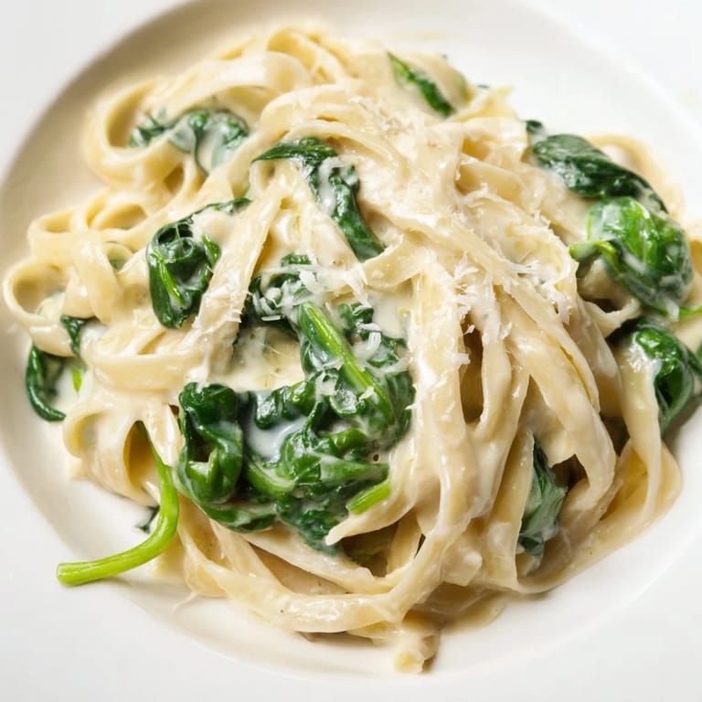 Close-up of Creamy Garlic Spinach Pasta twirled on a fork, showcasing tender green spinach and rich, velvety sauce.
