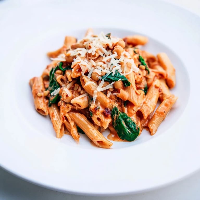 Wooden spoon lifts a forkful of Creamy Tuscan Chickpea Pasta, with garlic, red pepper flakes, and extra Parmesan visible against the saucy background.