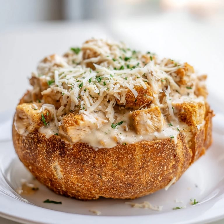 A close-up of steaming Chicken Alfredo filling spilling out of a crispy, hollowed-out bread bowl.  