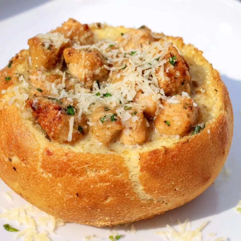 Comforting serving suggestion: Four baked Chicken Alfredo bread bowls garnished with fresh parsley and extra Parmesan.