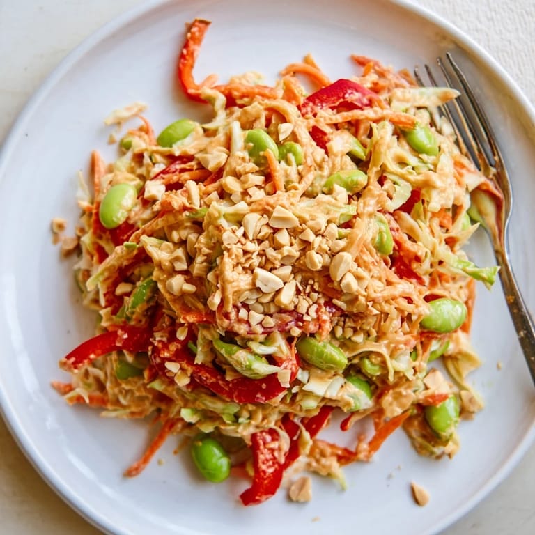 Vibrant bowl of Crunchy Thai Peanut Salad topped with chopped peanuts, sesame seeds, and fresh cilantro beside lime wedges.