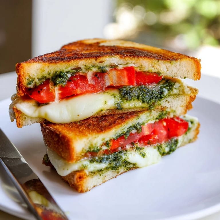 Buttery slices of Caprese Pesto Grilled Cheese on a plate, steam rising from the melted mozzarella and roasted tomatoes.