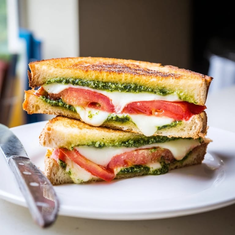A Caprese Pesto Grilled Cheese resting on a wooden board, garnished with fresh basil and a drizzle of pesto.