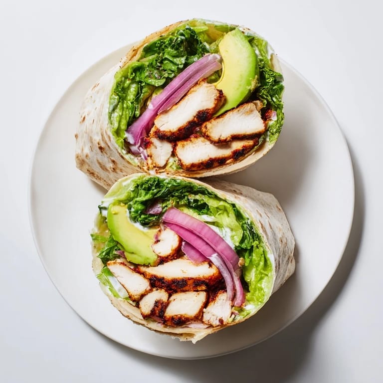 Close-up of a Smoky Chipotle Chicken Wrap on a rustic board, revealing smoky chicken, fresh lettuce, and ripe avocado filling.