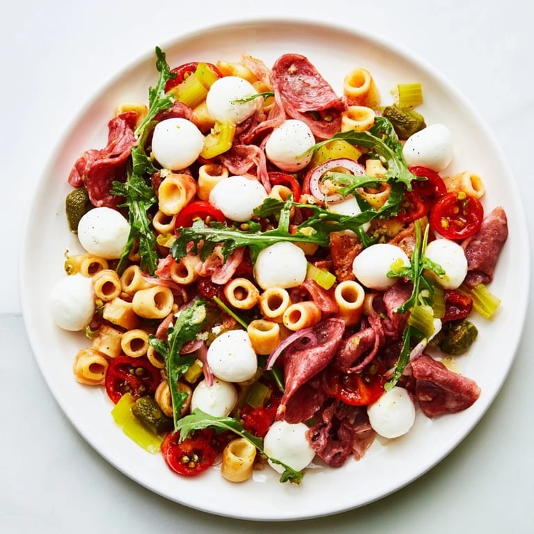 A large serving bowl of Spring Antipasto Pasta Salad ready for a picnic, mixing al dente pasta with savory salami and creamy mozzarella.