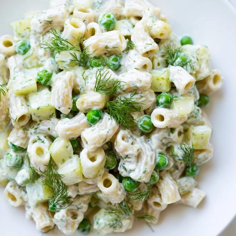 Chilled dill pickle pasta salad with creamy dressing, perfect for summer potlucks.