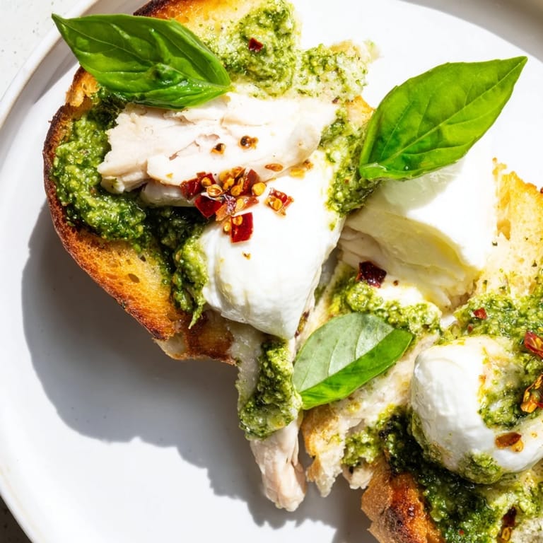 Fresh basil and red pepper flakes garnish this open-faced toast with pesto chicken and melting burrata, perfect for a light lunch.