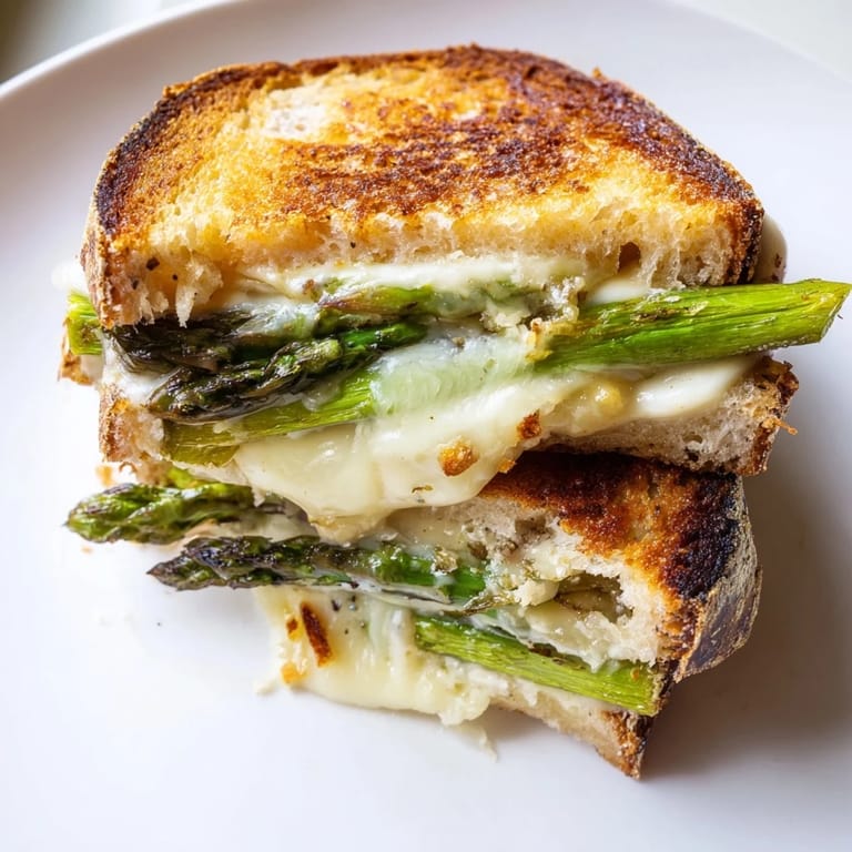 This Asparagus & Brie Grilled Cheese features golden, buttery bread cradling creamy Brie and lightly charred seasonal asparagus stalks.