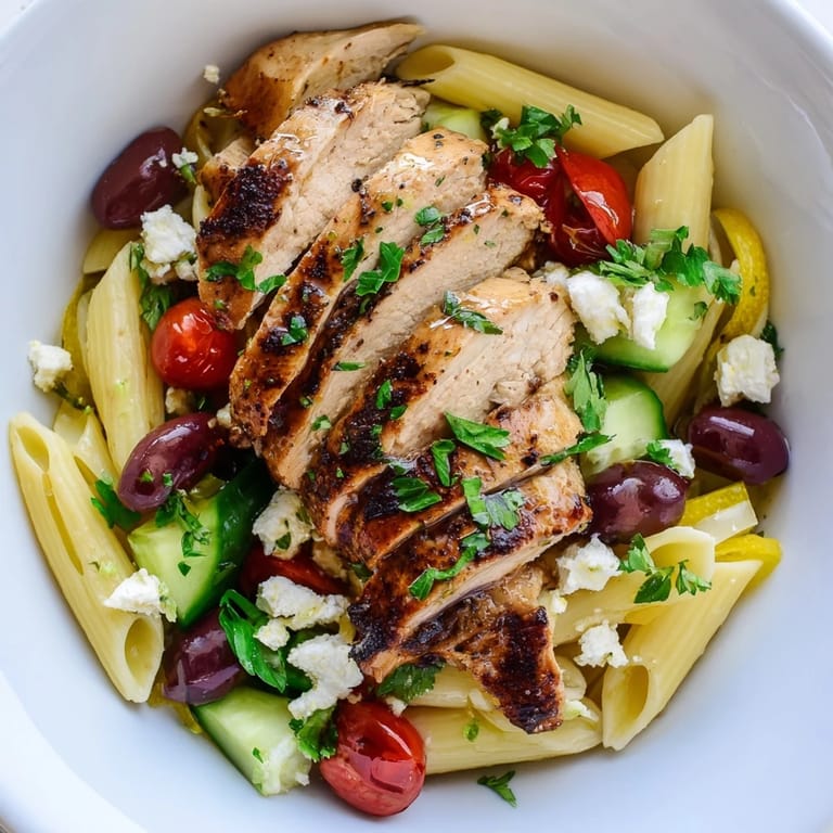 Freshly prepared Greek Chicken Pasta Bowl garnished with parsley, crumbled feta, and tender chicken, ready to serve on a sunny day.