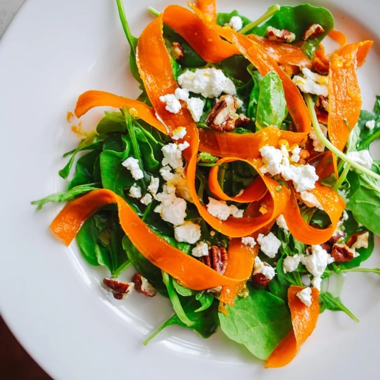 Roasted Carrot Ribbon Salad garnished with crunchy pecans, fresh herbs, and vibrant red onion slices, ready to serve.