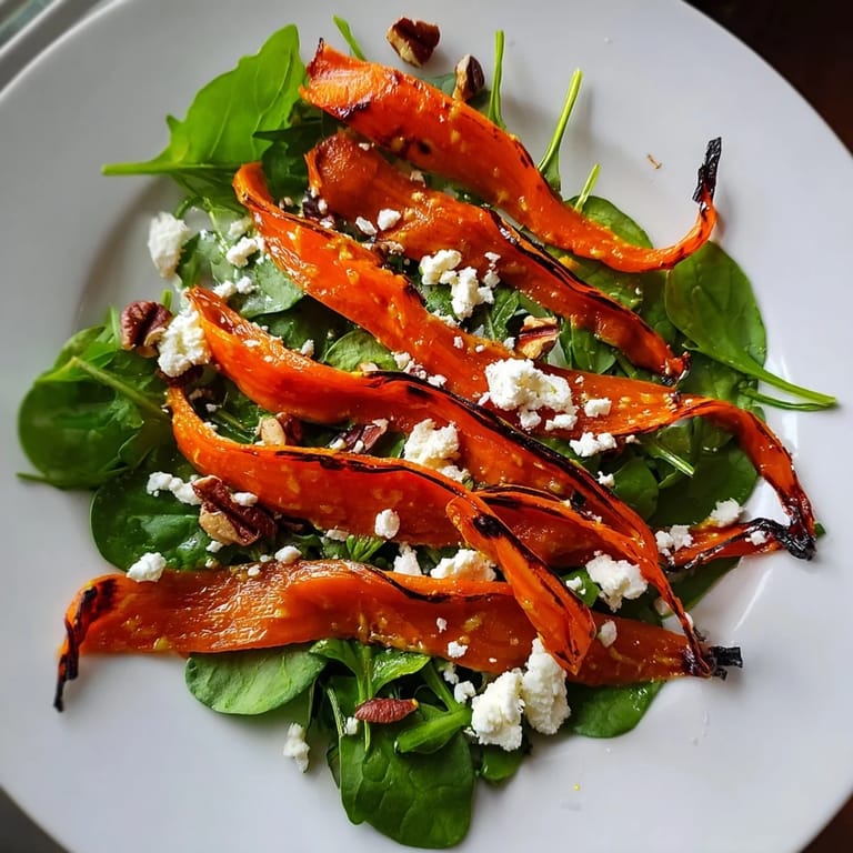 Roasted Carrot Ribbon Salad plated elegantly, featuring glossy carrot ribbons and a bright honey-mustard dressing on fresh greens.