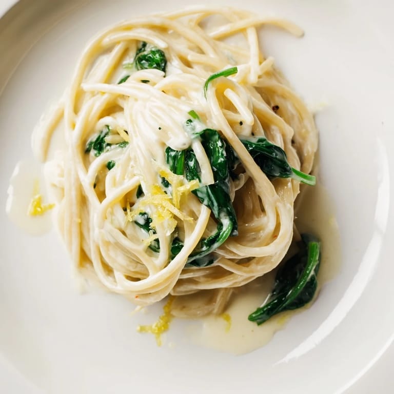 A close-up of silky lemon cream sauce coating al dente spaghetti and vibrant wilted spinach leaves.  