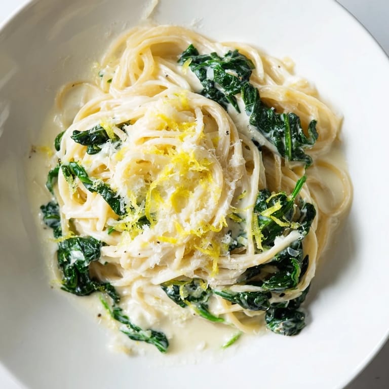 Family-style bowl of creamy lemon spinach spaghetti garnished with lemon zest and black pepper.