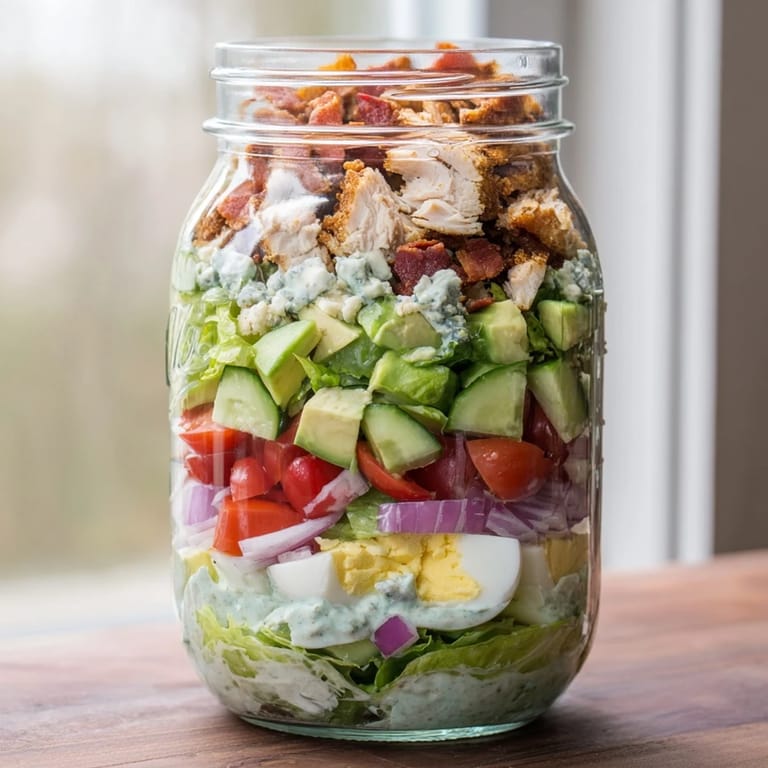 Homemade ranch-style dressing coats the ingredients through the jar, perfect for a satisfying, gluten-free lunch on the go.