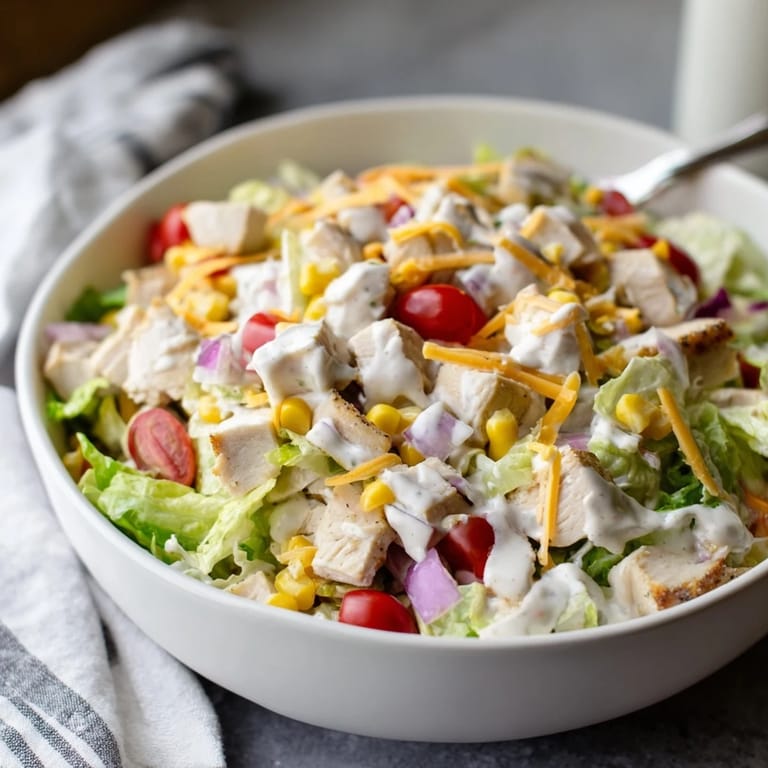 Vibrant Ranch Chicken Chopped Salad served as a light dinner, featuring tender chicken, crunchy veggies, and a cool, refreshing yogurt-based ranch dressing.