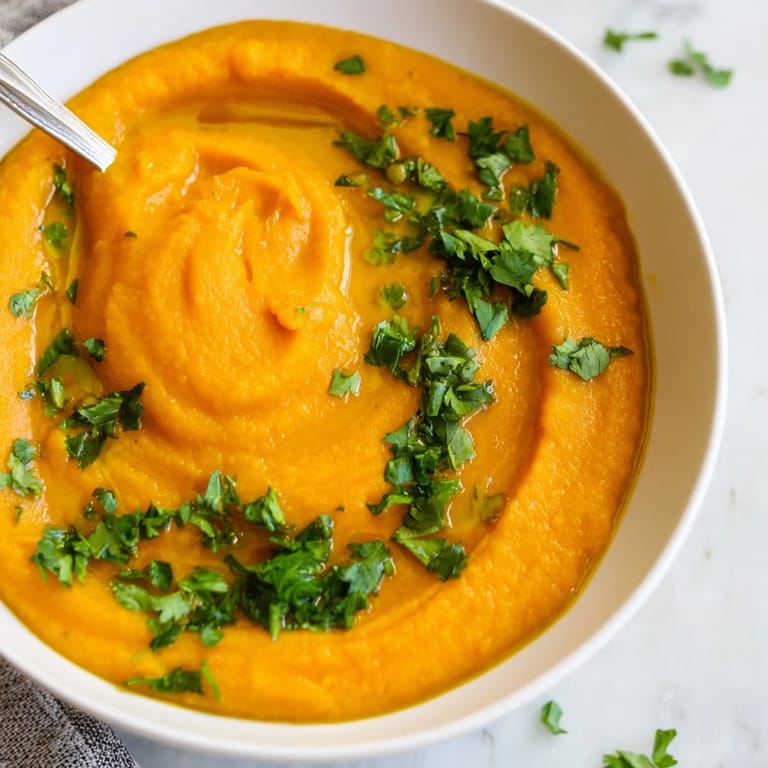 Vegan butternut squash and lentil soup topped with chopped parsley, simmered with warming spices for a nourishing dinner.