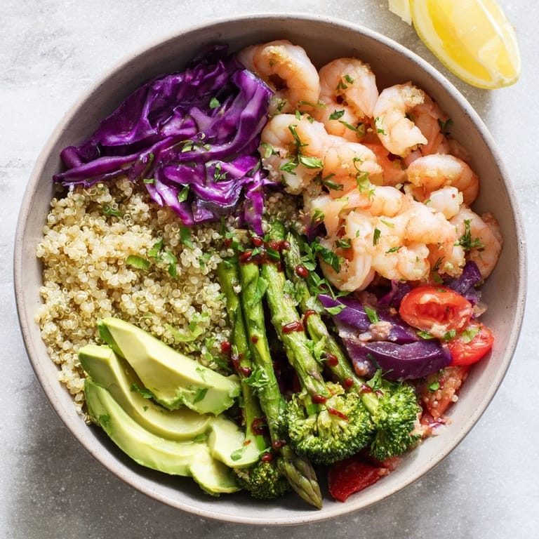 Healthy Detox Buddha Bowl with Shrimp and Quinoa served with lemon wedges, fresh herbs, and colorful vegetables arranged neatly.