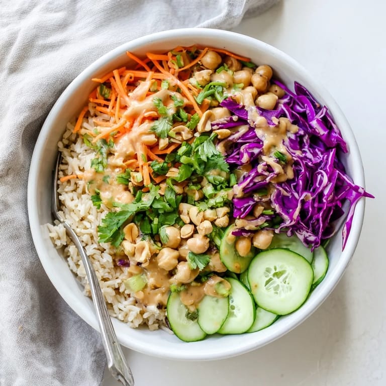 A colorful serving of Peanut Chickpea Rice Bowl arranged in a shallow bowl, highlighting the contrast of tender chickpeas, crisp veggies, and chopped roasted peanuts.