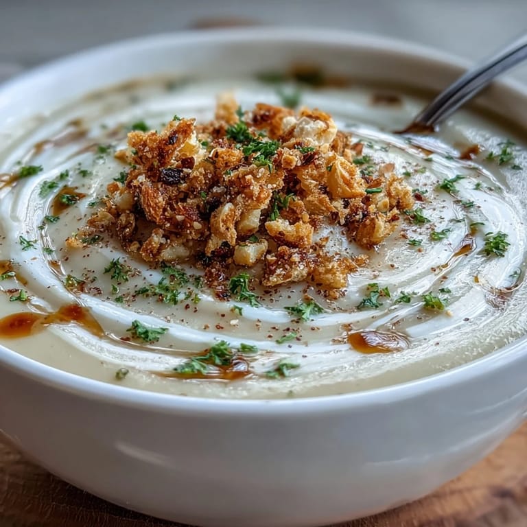 Earthy celeriac soup garnished with golden hazelnut crumble, served warm alongside crusty gluten-free bread.